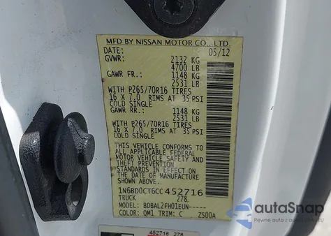 2012 Nissan Frontier Sv-I4 from USA, damaged, VIN 1N6BD0CT6CC452716